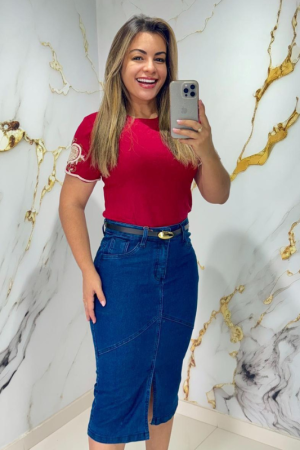 Saia Midi Secretária Jeans com Elastano